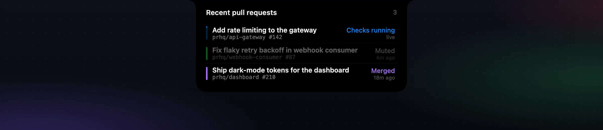 Concept: a muted repository dimmed in the PRHQ overview